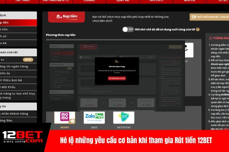 Hé lộ những yêu cầu cơ bản khi tham gia Rút tiền 12BET