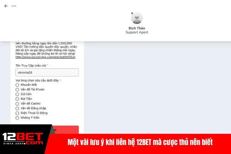 Một vài lưu ý khi liên hệ 12BET mà cược thủ nên biết