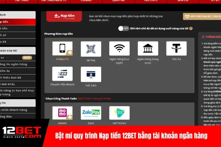 Bật mí quy trình Nạp tiền 12BET bằng tài khoản ngân hàng
